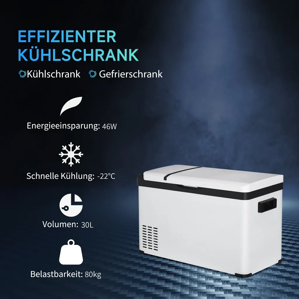 Outsunny Kühlbox Auto 30L Mit LCD-Anzeige Kompressor Autokühlschrank Elektrisch Boot Camper Reisen 12/24V DC Und 110-240V AC Weiß 6 Outsunny Kühlbox Auto 30L Mit LCD-Anzeige Kompressor Autokühlschrank Elektrisch Boot Camper Reisen 12/24V DC Und 110-240V AC Weiß – Bild 4