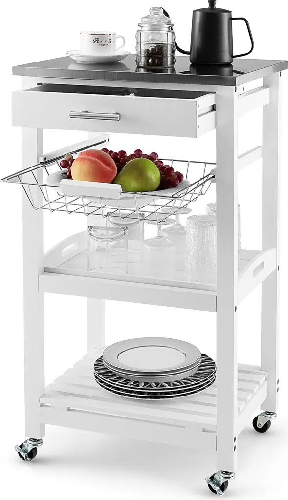 COSTWAY Kleiner Küchenwagen, Servierwagen Auf Rollen, Arbeitsplatte Aus Edelstahl, Schublade, Korb & Abnehmbarem Serviertablett, Rollwagen Kücheninsel, Küchentrolley Landhausstil Weiß, 47x39x85cm 3 COSTWAY Kleiner Küchenwagen, Servierwagen Auf Rollen, Arbeitsplatte Aus Edelstahl, Schublade, Korb & Abnehmbarem Serviertablett, Rollwagen Kücheninsel, Küchentrolley Landhausstil Weiß, 47x39x85cm