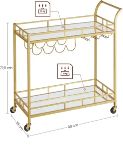 VASAGLE Servierwagen, Rollwagen, Gläserhalter, 2 Verspiegelte Glasablagen, Barwagen, Weinwagen, Für Küche, Esszimmer, Bar, Goldfarben -Mepalhom Geschaft 0e9bc85f5573e13cf1216ac826e67079