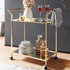 WOHNLING Design Servierwagen Gold 73x78x37 Cm Küchenwagen Glas / Metall | Mobiler Beistelltisch | Speisewagen Mit Glasplatte | Teewagen Mini Bar Auf 4 Rollen