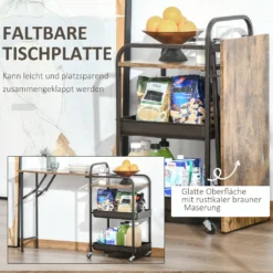 HOMCOM Küchenwagen Küchenrollwagen Servierwagen Mit 1 Klappbaren Tischplatte 2 Tabletts Und 1 Offenes Regal Rollen Verstellbare Fußpolster E1-Spanplatte Metall Rustikal-Braun 118 X 36,5 X 82 Cm -Mepalhom Geschaft 115ed4e61d278065a589d9cc2affc819