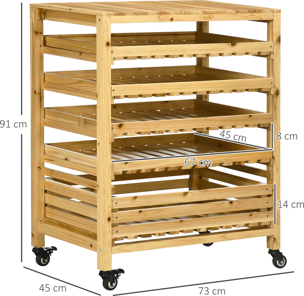 Outsunny Obsthalter Mit Rädern, Gemüseregal Mit 5 Regalen, Obstkorbständer, Aufbewahrungswagen, Für Gemüse, Obst, Bis 20 Kg Belastbar, Aus Tannenholz, Natur 5 Outsunny Obsthalter Mit Rädern, Gemüseregal Mit 5 Regalen, Obstkorbständer, Aufbewahrungswagen, Für Gemüse, Obst, Bis 20 Kg Belastbar, Aus Tannenholz, Natur – Bild 3