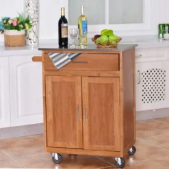 COSTWAY Küchenwagen Mit Schublade, Kücheninsel Mit Handtuchhalter, Küchenschrank Rollbar, Servierwagen Aus Holz, Kücheninselwagen, Mikrowellenwagen, Sideboard Naturholz