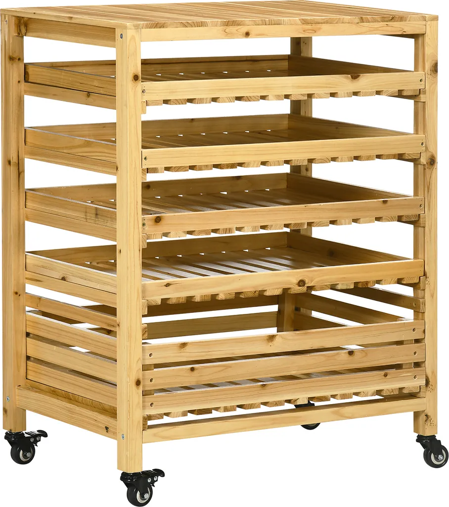 Outsunny Obsthalter Mit Rädern, Gemüseregal Mit 5 Regalen, Obstkorbständer, Aufbewahrungswagen, Für Gemüse, Obst, Bis 20 Kg Belastbar, Aus Tannenholz, Natur 3 Outsunny Obsthalter Mit Rädern, Gemüseregal Mit 5 Regalen, Obstkorbständer, Aufbewahrungswagen, Für Gemüse, Obst, Bis 20 Kg Belastbar, Aus Tannenholz, Natur