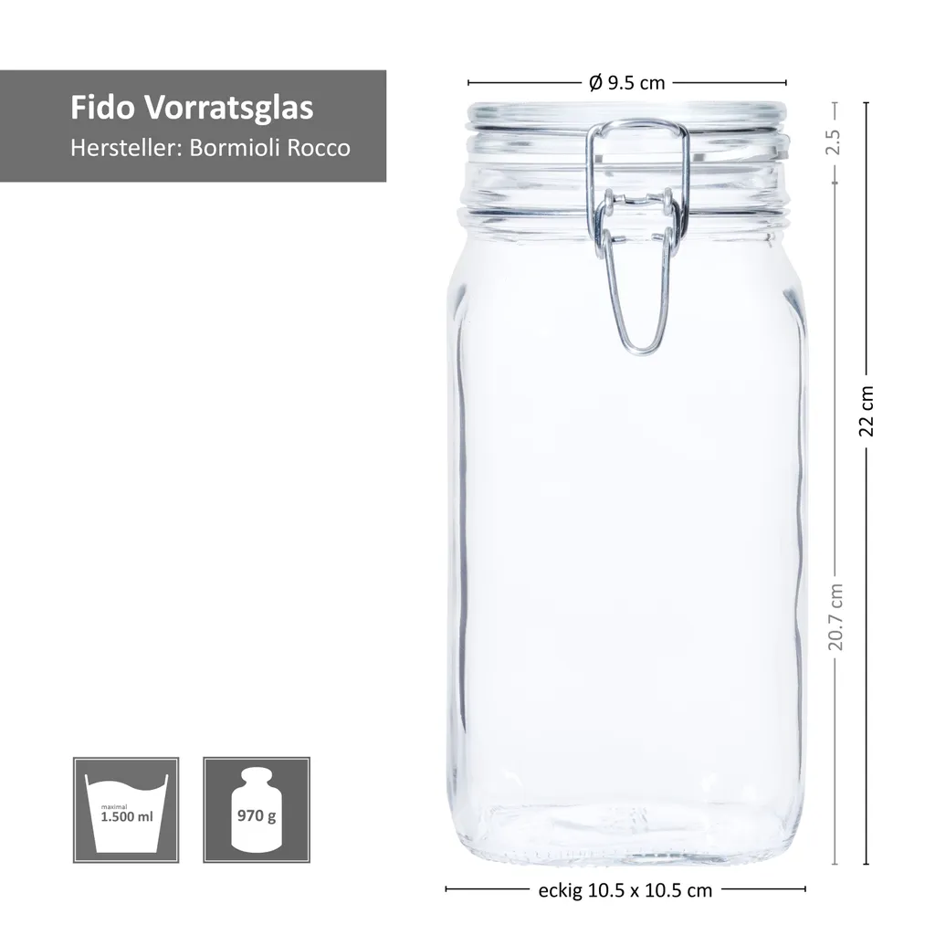 6er Set Einmachglas Bügelverschluss Original Fido 1,5L Vorratsgläser Incl. Bormioli Rezeptheft 8 6er Set Einmachglas Bügelverschluss Original Fido 1,5L Vorratsgläser Incl. Bormioli Rezeptheft – Bild 6