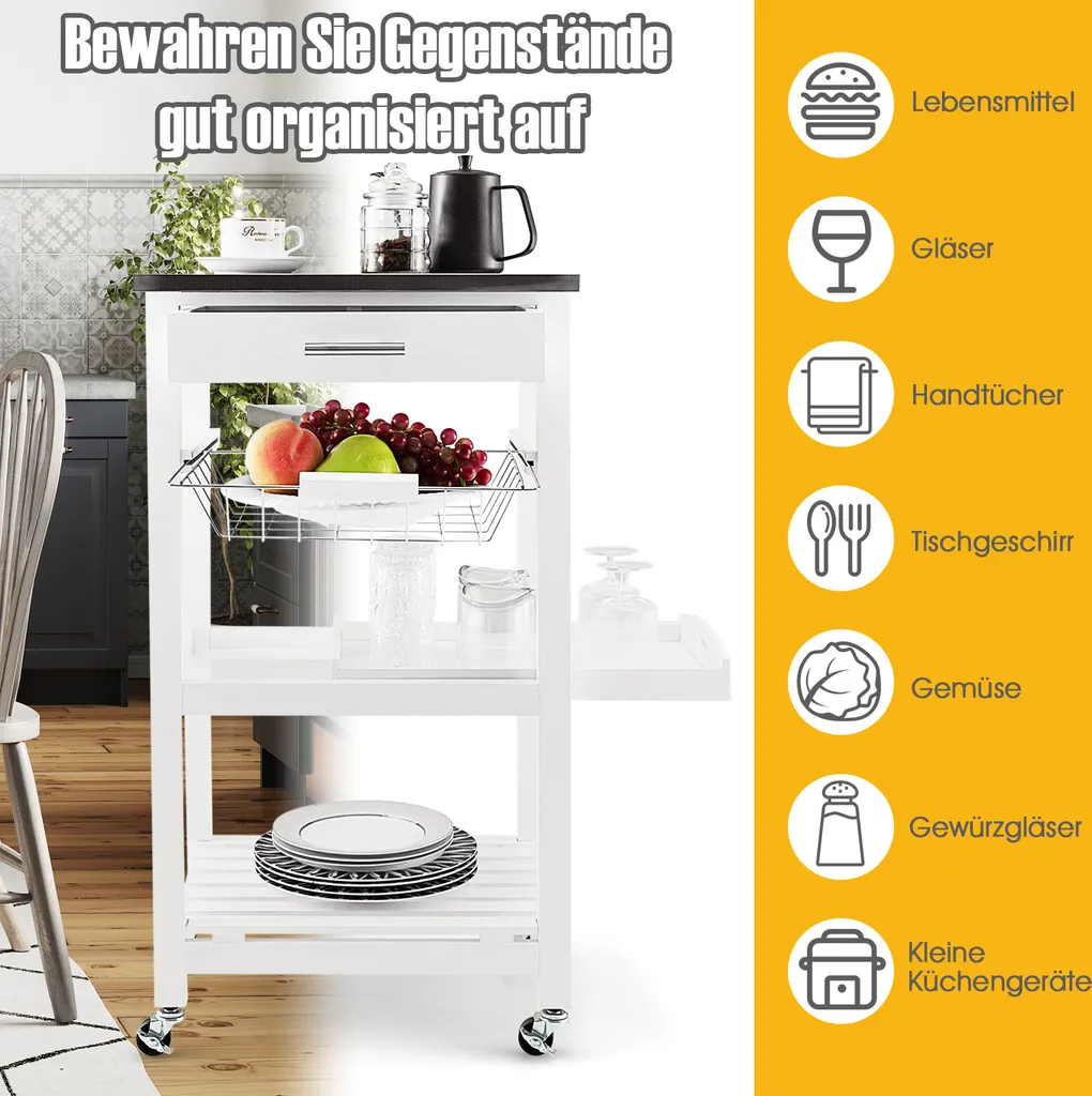 COSTWAY Kleiner Küchenwagen, Servierwagen Auf Rollen, Arbeitsplatte Aus Edelstahl, Schublade, Korb & Abnehmbarem Serviertablett, Rollwagen Kücheninsel, Küchentrolley Landhausstil Weiß, 47x39x85cm 5 COSTWAY Kleiner Küchenwagen, Servierwagen Auf Rollen, Arbeitsplatte Aus Edelstahl, Schublade, Korb & Abnehmbarem Serviertablett, Rollwagen Kücheninsel, Küchentrolley Landhausstil Weiß, 47x39x85cm – Bild 3