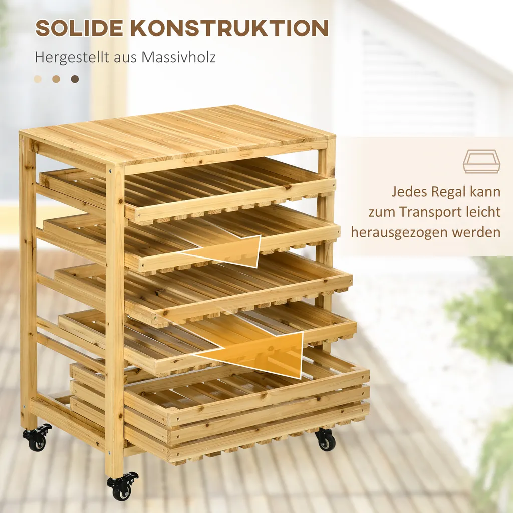 Outsunny Obsthalter Mit Rädern, Gemüseregal Mit 5 Regalen, Obstkorbständer, Aufbewahrungswagen, Für Gemüse, Obst, Bis 20 Kg Belastbar, Aus Tannenholz, Natur 7 Outsunny Obsthalter Mit Rädern, Gemüseregal Mit 5 Regalen, Obstkorbständer, Aufbewahrungswagen, Für Gemüse, Obst, Bis 20 Kg Belastbar, Aus Tannenholz, Natur – Bild 5