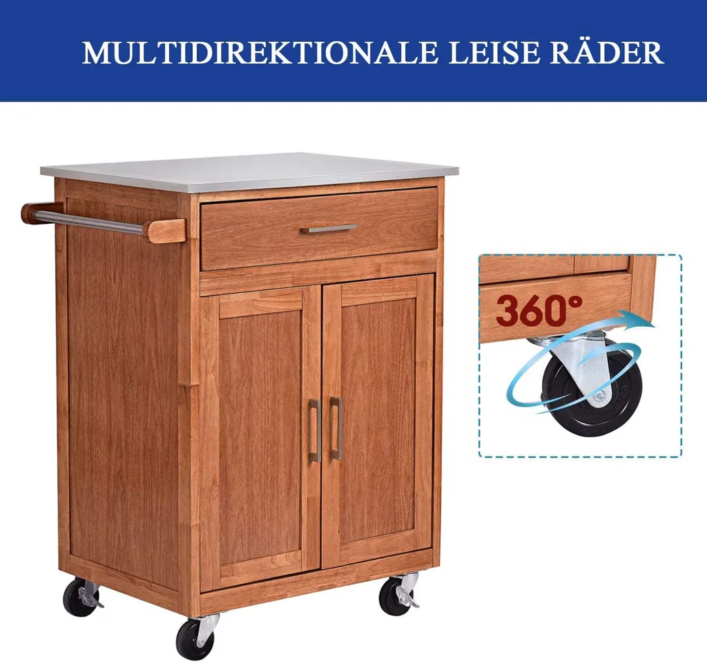 COSTWAY Küchenwagen Mit Schublade, Kücheninsel Mit Handtuchhalter, Küchenschrank Rollbar, Servierwagen Aus Holz, Kücheninselwagen, Mikrowellenwagen, Sideboard Naturholz 6 COSTWAY Küchenwagen Mit Schublade, Kücheninsel Mit Handtuchhalter, Küchenschrank Rollbar, Servierwagen Aus Holz, Kücheninselwagen, Mikrowellenwagen, Sideboard Naturholz – Bild 4