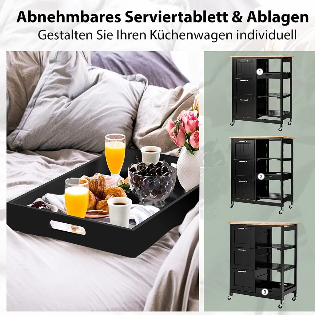 COSTWAY Küchenwagen Mit Tablett, Regalen Und 3 Großen Schubladen, Küchenschrank Rollbar, Kücheninsel Aus Kautschukholz, Servierwagen 67 X 37 X 82,5 Cm (Schwarz) 5 COSTWAY Küchenwagen Mit Tablett, Regalen Und 3 Großen Schubladen, Küchenschrank Rollbar, Kücheninsel Aus Kautschukholz, Servierwagen 67 X 37 X 82,5 Cm (Schwarz) – Bild 3