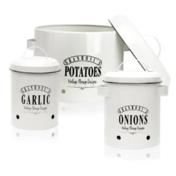 Klarstein Granrosi Georgia Vorratsbehälter Vorratstopf 3er-Set , Knoblauchtopf, Zwiebeltopf, Kartoffeltopf , Emaille-Stahlblech , Rostfrei , Lüftungsöffnungen , Vintage-Design , Creme -Mepalhom Geschaft 520a6bd88b56bc2eb3d3dea589fddd2a