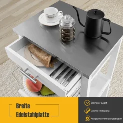 COSTWAY Kleiner Küchenwagen, Servierwagen Auf Rollen, Arbeitsplatte Aus Edelstahl, Schublade, Korb & Abnehmbarem Serviertablett, Rollwagen Kücheninsel, Küchentrolley Landhausstil Weiß, 47x39x85cm 13 COSTWAY Kleiner Küchenwagen, Servierwagen Auf Rollen, Arbeitsplatte Aus Edelstahl, Schublade, Korb & Abnehmbarem Serviertablett, Rollwagen Kücheninsel, Küchentrolley Landhausstil Weiß, 47x39x85cm -Mepalhom Geschaft 55b5952a5a6a89cb43ce9d7fb67db140