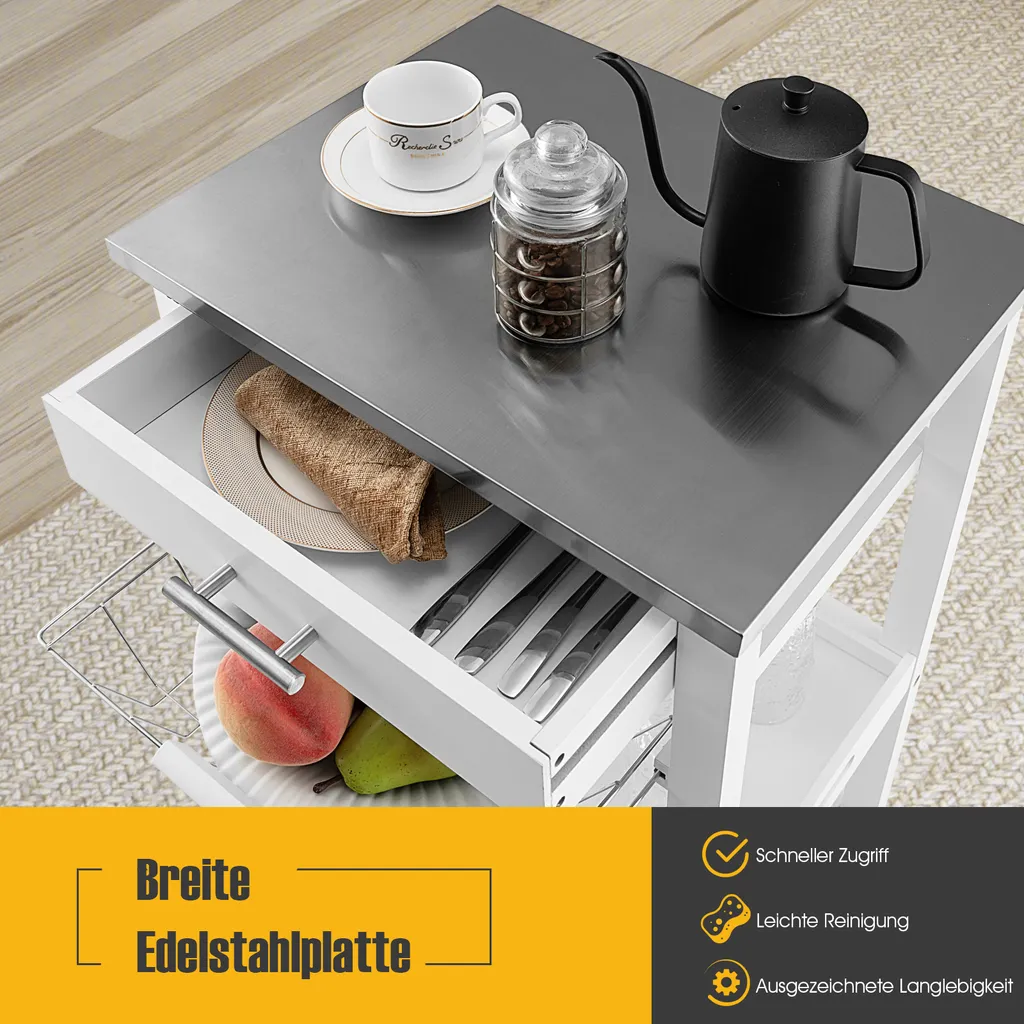 COSTWAY Kleiner Küchenwagen, Servierwagen Auf Rollen, Arbeitsplatte Aus Edelstahl, Schublade, Korb & Abnehmbarem Serviertablett, Rollwagen Kücheninsel, Küchentrolley Landhausstil Weiß, 47x39x85cm 7 COSTWAY Kleiner Küchenwagen, Servierwagen Auf Rollen, Arbeitsplatte Aus Edelstahl, Schublade, Korb & Abnehmbarem Serviertablett, Rollwagen Kücheninsel, Küchentrolley Landhausstil Weiß, 47x39x85cm – Bild 5