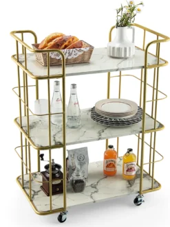 COSTWAY Küchenwagen Mit Universalrädern, Servierwagen 3 Ablagen, Marmor-Optik Barwagen Modern, Mobiler Rollwagen, Haushaltswagen Metallrahmen, Mehrzweckwagen Für Haus, Restaurant, Allzweckwagen Golden