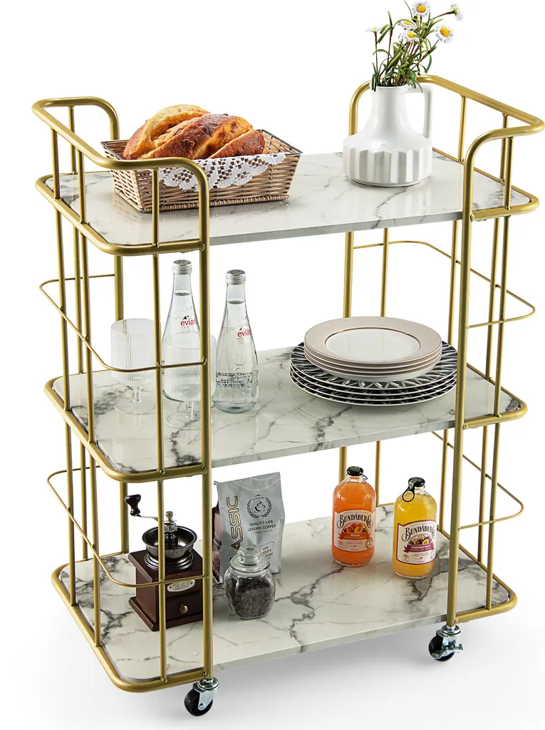 COSTWAY Küchenwagen Mit Universalrädern, Servierwagen 3 Ablagen, Marmor-Optik Barwagen Modern, Mobiler Rollwagen, Haushaltswagen Metallrahmen, Mehrzweckwagen Für Haus, Restaurant, Allzweckwagen Golden 3 COSTWAY Küchenwagen Mit Universalrädern, Servierwagen 3 Ablagen, Marmor-Optik Barwagen Modern, Mobiler Rollwagen, Haushaltswagen Metallrahmen, Mehrzweckwagen Für Haus, Restaurant, Allzweckwagen Golden