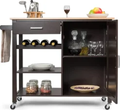 COSTWAY Küchenwagen Auf Rollen, Kücheninsel Mit Schublade, Weinregal, Offene Regale & Handtuchhalter, Platzsparender Servierwagen, Für Küche, Esszimmer, Bar, Braun