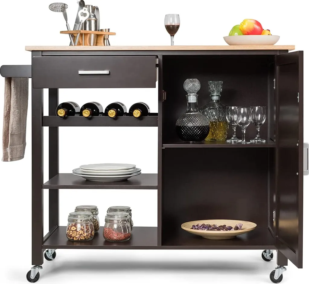 COSTWAY Küchenwagen Auf Rollen, Kücheninsel Mit Schublade, Weinregal, Offene Regale & Handtuchhalter, Platzsparender Servierwagen, Für Küche, Esszimmer, Bar, Braun 3 COSTWAY Küchenwagen Auf Rollen, Kücheninsel Mit Schublade, Weinregal, Offene Regale & Handtuchhalter, Platzsparender Servierwagen, Für Küche, Esszimmer, Bar, Braun