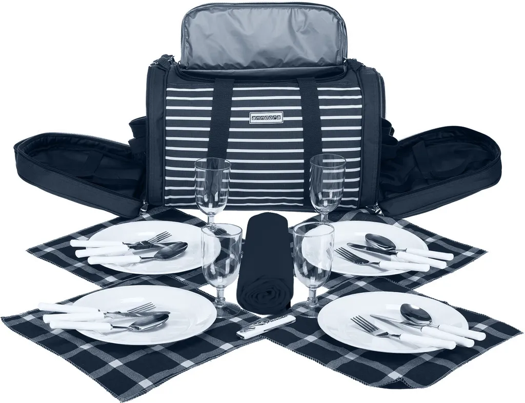 Anndora Picknick Kühltasche + Decke + Zubehör - Blau Weiß Gestreift - Blau 4 Anndora Picknick Kühltasche + Decke + Zubehör - Blau Weiß Gestreift - Blau – Bild 2