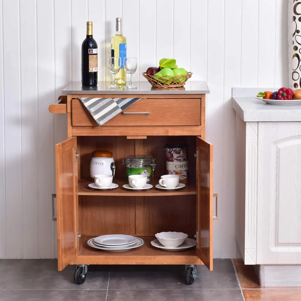 COSTWAY Küchenwagen Mit Schublade, Kücheninsel Mit Handtuchhalter, Küchenschrank Rollbar, Servierwagen Aus Holz, Kücheninselwagen, Mikrowellenwagen, Sideboard Naturholz 4 COSTWAY Küchenwagen Mit Schublade, Kücheninsel Mit Handtuchhalter, Küchenschrank Rollbar, Servierwagen Aus Holz, Kücheninselwagen, Mikrowellenwagen, Sideboard Naturholz – Bild 2