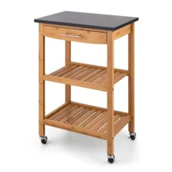 Klarstein Tennessee Servierwagen - Küchenwagen , Rollwagen , 3 Etagen , 2 Ablageflächen , Herausnehmbare Schublade , Schwarze Granitarbeitsfläche , Sichere Feststellbremsen , Bambusholz , Braun -Mepalhom Geschaft 70d522b5d1b03d94cd4d9143f529a8f3