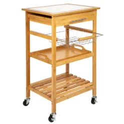 ONVAYA Küchenwagen Kyoto Auf Rollen, Küchenrollwagen Aus Bambus Mit Arbeitsplatte Weiß Aus Stein, Praktischer Beistellwagen Für Die Küche Inkl. Schubladen