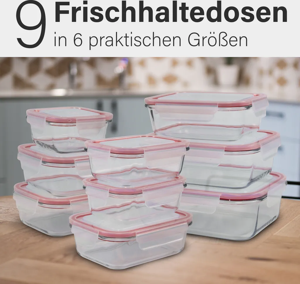 Classbach® Glas-Frischhaltedosen Mit Deckel, 9er-Vorratsdosen-Set/Vorratsgläser, Geeignet Für Mikrowelle, Spülmaschine Und Gefrierfach, Meal Prep Boxen Aus Glas, Perfekte Aufbewahrungsbox Küche 5 Classbach® Glas-Frischhaltedosen Mit Deckel, 9er-Vorratsdosen-Set/Vorratsgläser, Geeignet Für Mikrowelle, Spülmaschine Und Gefrierfach, Meal Prep Boxen Aus Glas, Perfekte Aufbewahrungsbox Küche – Bild 3
