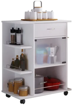 VCM Holz Küchenwagen Servierwagen Rollwagen Ablage Rollbar Rollen Schublade Pocis Weiß