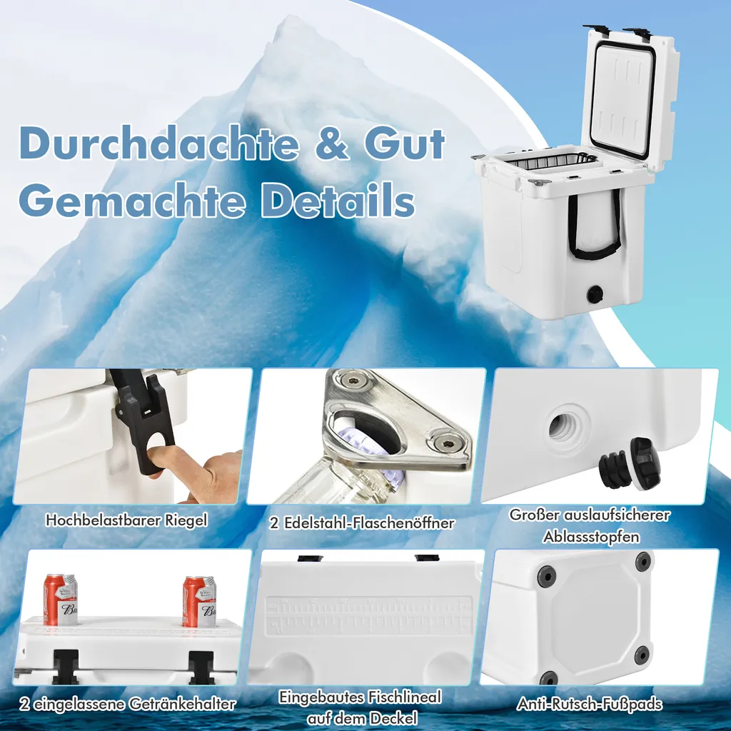 COSTWAY 31L Kühlbox Strapazierfähig Kühler Mit Korb & Getränkehalter Griffen & Fischlineal Eiskühler Tragbar Kälte Bis 9 Tage Weiß 7 COSTWAY 31L Kühlbox Strapazierfähig Kühler Mit Korb & Getränkehalter Griffen & Fischlineal Eiskühler Tragbar Kälte Bis 9 Tage Weiß – Bild 5