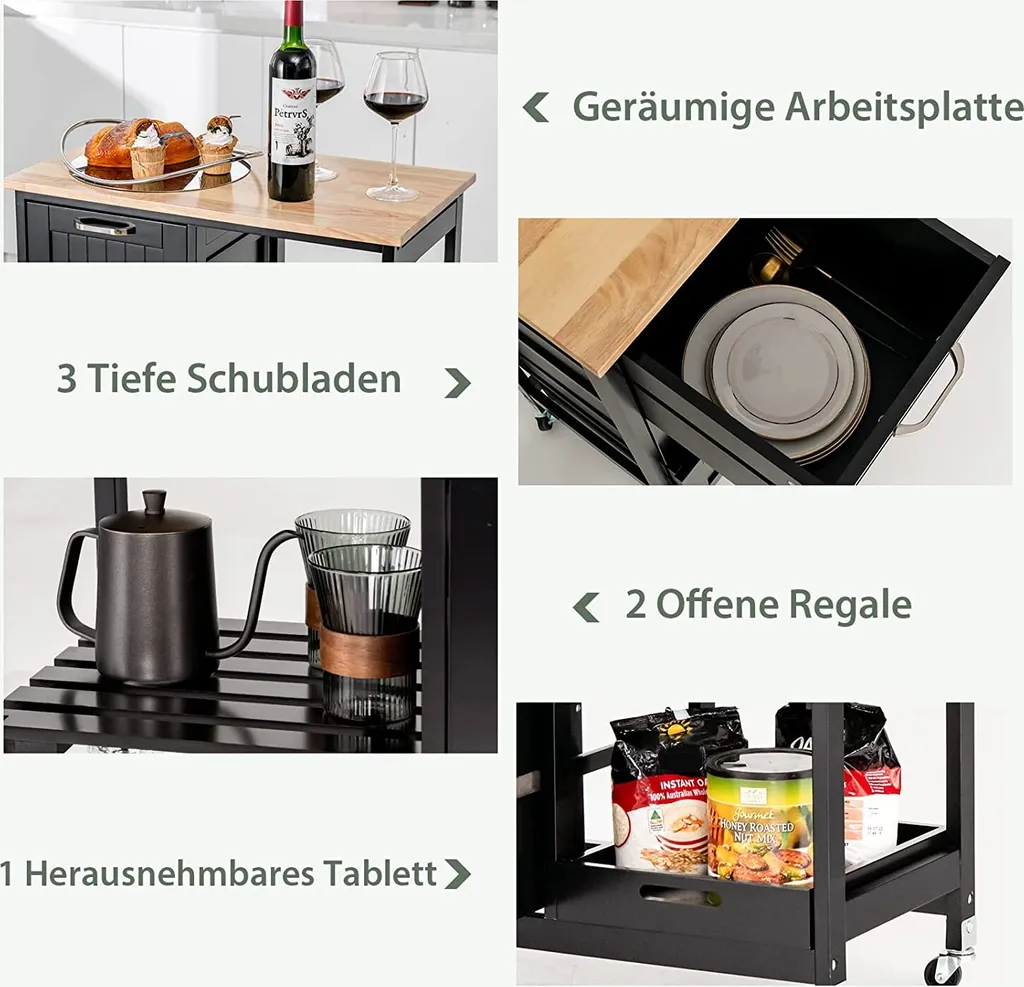 COSTWAY Küchenwagen Mit Tablett, Regalen Und 3 Großen Schubladen, Küchenschrank Rollbar, Kücheninsel Aus Kautschukholz, Servierwagen 67 X 37 X 82,5 Cm (Schwarz) 8 COSTWAY Küchenwagen Mit Tablett, Regalen Und 3 Großen Schubladen, Küchenschrank Rollbar, Kücheninsel Aus Kautschukholz, Servierwagen 67 X 37 X 82,5 Cm (Schwarz) – Bild 6