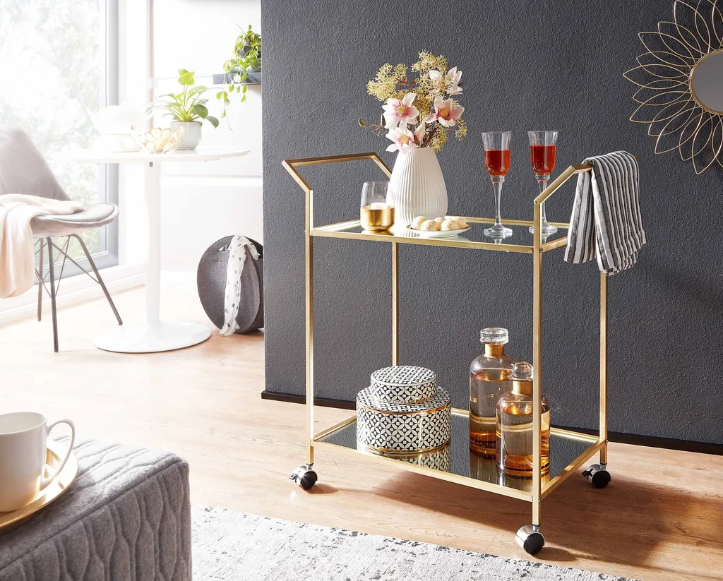 WOHNLING Design Servierwagen Gold 73x78x37 Cm Küchenwagen Glas / Metall | Mobiler Beistelltisch | Speisewagen Mit Glasplatte | Teewagen Mini Bar Auf 4 Rollen 4 WOHNLING Design Servierwagen Gold 73x78x37 Cm Küchenwagen Glas / Metall | Mobiler Beistelltisch | Speisewagen Mit Glasplatte | Teewagen Mini Bar Auf 4 Rollen – Bild 2