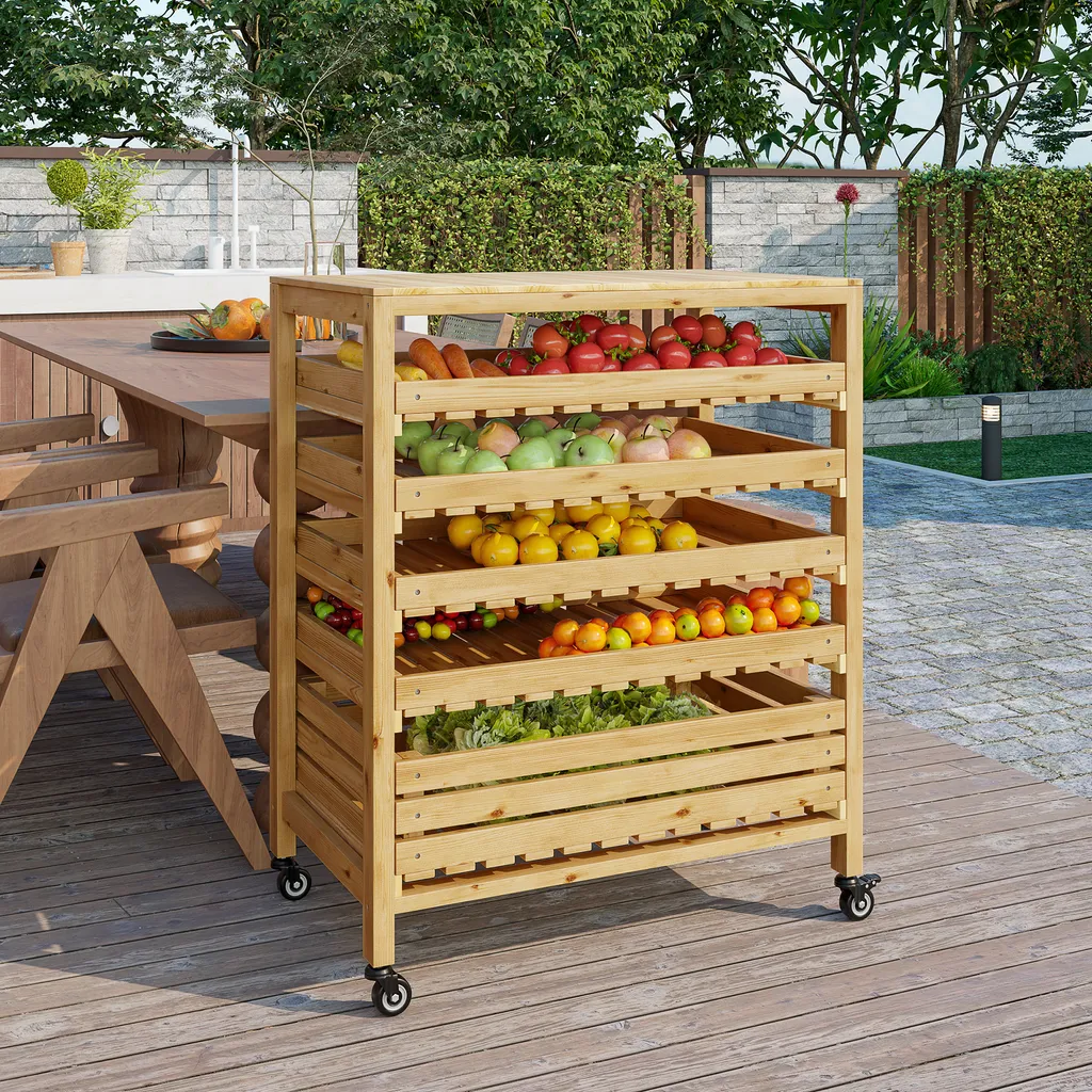 Outsunny Obsthalter Mit Rädern, Gemüseregal Mit 5 Regalen, Obstkorbständer, Aufbewahrungswagen, Für Gemüse, Obst, Bis 20 Kg Belastbar, Aus Tannenholz, Natur 4 Outsunny Obsthalter Mit Rädern, Gemüseregal Mit 5 Regalen, Obstkorbständer, Aufbewahrungswagen, Für Gemüse, Obst, Bis 20 Kg Belastbar, Aus Tannenholz, Natur – Bild 2