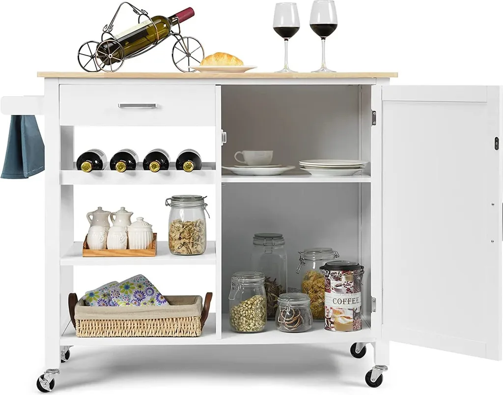 COSTWAY Küchenwagen Auf Rollen, Kücheninsel Mit Schublade, Weinregal, Offene Regale & Handtuchhalter, Platzsparender Servierwagen, Für Küche, Esszimmer, Bar, Weiß 3 COSTWAY Küchenwagen Auf Rollen, Kücheninsel Mit Schublade, Weinregal, Offene Regale & Handtuchhalter, Platzsparender Servierwagen, Für Küche, Esszimmer, Bar, Weiß