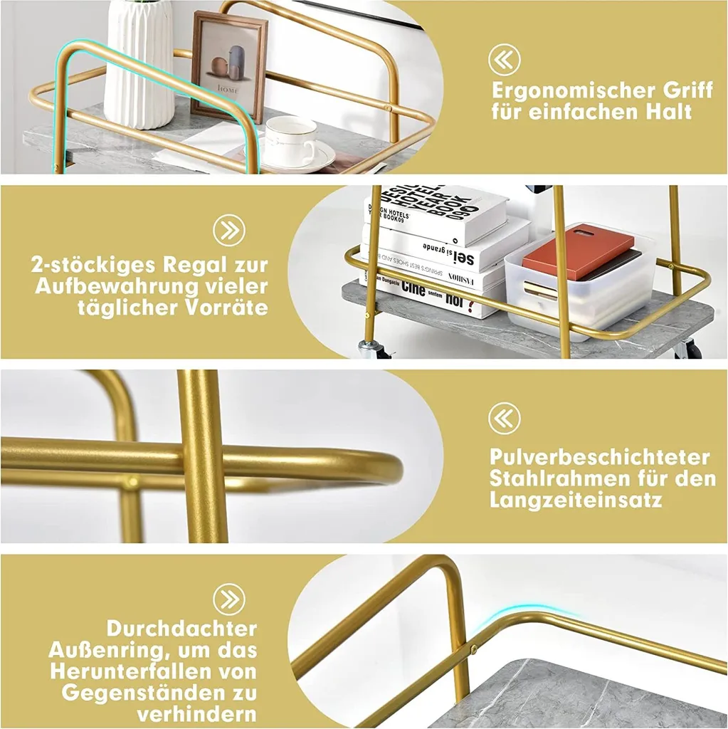 COSTWAY Küchenwagen Mit Universalrädern, Barwagen Rollwagen 2 Ablagen, Mobiler Servierwagen, Haushaltswagen Mit Stahlrahmen, Mehrzweckwagen Für Haus, Restaurant, Allzweckwagen Badwagen, Grau+Golden 7 COSTWAY Küchenwagen Mit Universalrädern, Barwagen Rollwagen 2 Ablagen, Mobiler Servierwagen, Haushaltswagen Mit Stahlrahmen, Mehrzweckwagen Für Haus, Restaurant, Allzweckwagen Badwagen, Grau+Golden – Bild 5
