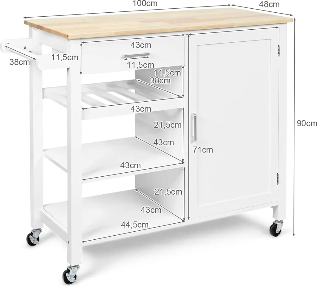 COSTWAY Küchenwagen Auf Rollen, Kücheninsel Mit Schublade, Weinregal, Offene Regale & Handtuchhalter, Platzsparender Servierwagen, Für Küche, Esszimmer, Bar, Weiß 9 COSTWAY Küchenwagen Auf Rollen, Kücheninsel Mit Schublade, Weinregal, Offene Regale & Handtuchhalter, Platzsparender Servierwagen, Für Küche, Esszimmer, Bar, Weiß – Bild 7
