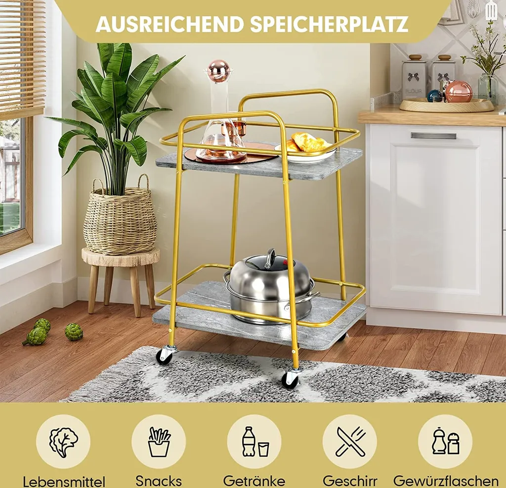 COSTWAY Küchenwagen Mit Universalrädern, Barwagen Rollwagen 2 Ablagen, Mobiler Servierwagen, Haushaltswagen Mit Stahlrahmen, Mehrzweckwagen Für Haus, Restaurant, Allzweckwagen Badwagen, Grau+Golden 5 COSTWAY Küchenwagen Mit Universalrädern, Barwagen Rollwagen 2 Ablagen, Mobiler Servierwagen, Haushaltswagen Mit Stahlrahmen, Mehrzweckwagen Für Haus, Restaurant, Allzweckwagen Badwagen, Grau+Golden – Bild 3