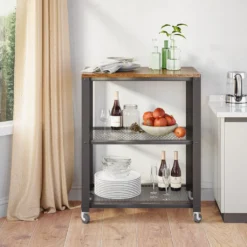 Meerveil Retro Servierwagen, 3 Ebenen Küchenwagen, Rollwagen Auf 4 Rollen, Küchenregal Aus Holz Und Metall, Für Küche Und Wohnzimmer, Vintagebraun-schwarz