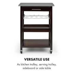 Klarstein Vermont - Küchenwagen, Servierwagen, Küchenrollwagen, 4 Etagen, DREI Ablagen, Herausnehmbare Schublade, Flaschenablage, Edelstahl-Arbeitsplatte, Echtholz, Rollen, Dunkelbraun -Mepalhom Geschaft d7f1388eb51100272e19d7805e9f3604