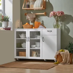 SoBuy FSB57-W Sideboard Auf Rollen Küchenwagen Küchenschrank Rollwagen Aufbewahrungsschrank Küchekommode Küchentrolley Weiß BHT Ca.: 116x86x40cm