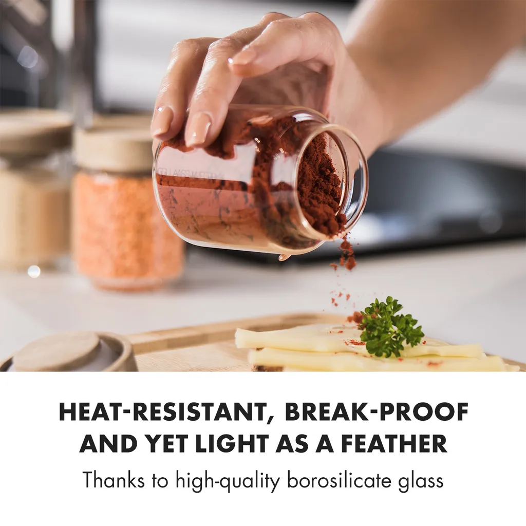 Klarstein Glaswerk Cassia Gewürzgläser Vorratsgläser Gewürzgläserset , 6 X 130 Ml , Borosilikatglas , Deckel Aus Akazienholz , Stapelbares Design , Luftdichte Aufbewahrung 6 Klarstein Glaswerk Cassia Gewürzgläser Vorratsgläser Gewürzgläserset , 6 X 130 Ml , Borosilikatglas , Deckel Aus Akazienholz , Stapelbares Design , Luftdichte Aufbewahrung – Bild 4