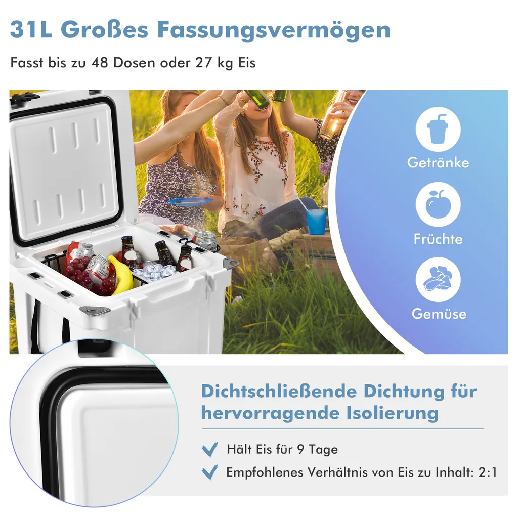 COSTWAY 31L Kühlbox Strapazierfähig Kühler Mit Korb & Getränkehalter Griffen & Fischlineal Eiskühler Tragbar Kälte Bis 9 Tage Weiß 5 COSTWAY 31L Kühlbox Strapazierfähig Kühler Mit Korb & Getränkehalter Griffen & Fischlineal Eiskühler Tragbar Kälte Bis 9 Tage Weiß – Bild 3