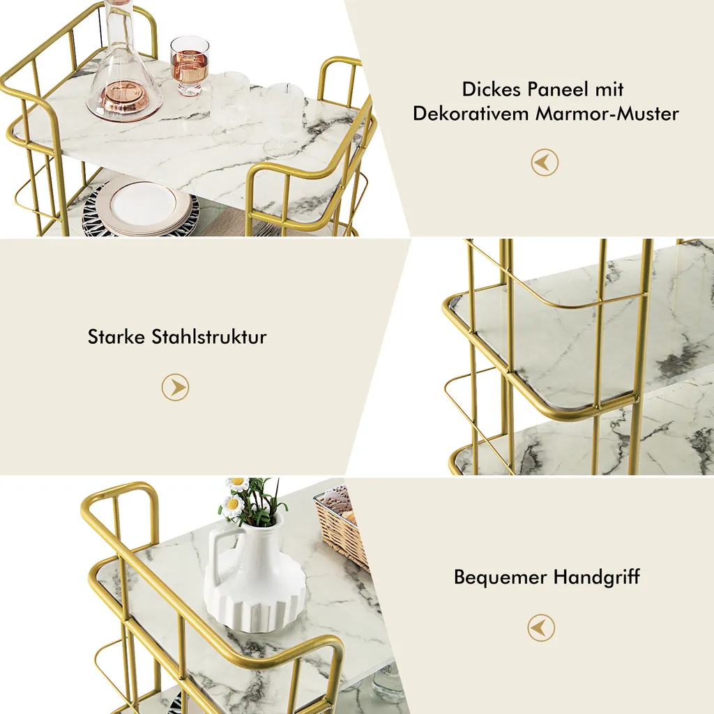 COSTWAY Küchenwagen Mit Universalrädern, Servierwagen 3 Ablagen, Marmor-Optik Barwagen Modern, Mobiler Rollwagen, Haushaltswagen Metallrahmen, Mehrzweckwagen Für Haus, Restaurant, Allzweckwagen Golden 7 COSTWAY Küchenwagen Mit Universalrädern, Servierwagen 3 Ablagen, Marmor-Optik Barwagen Modern, Mobiler Rollwagen, Haushaltswagen Metallrahmen, Mehrzweckwagen Für Haus, Restaurant, Allzweckwagen Golden – Bild 5