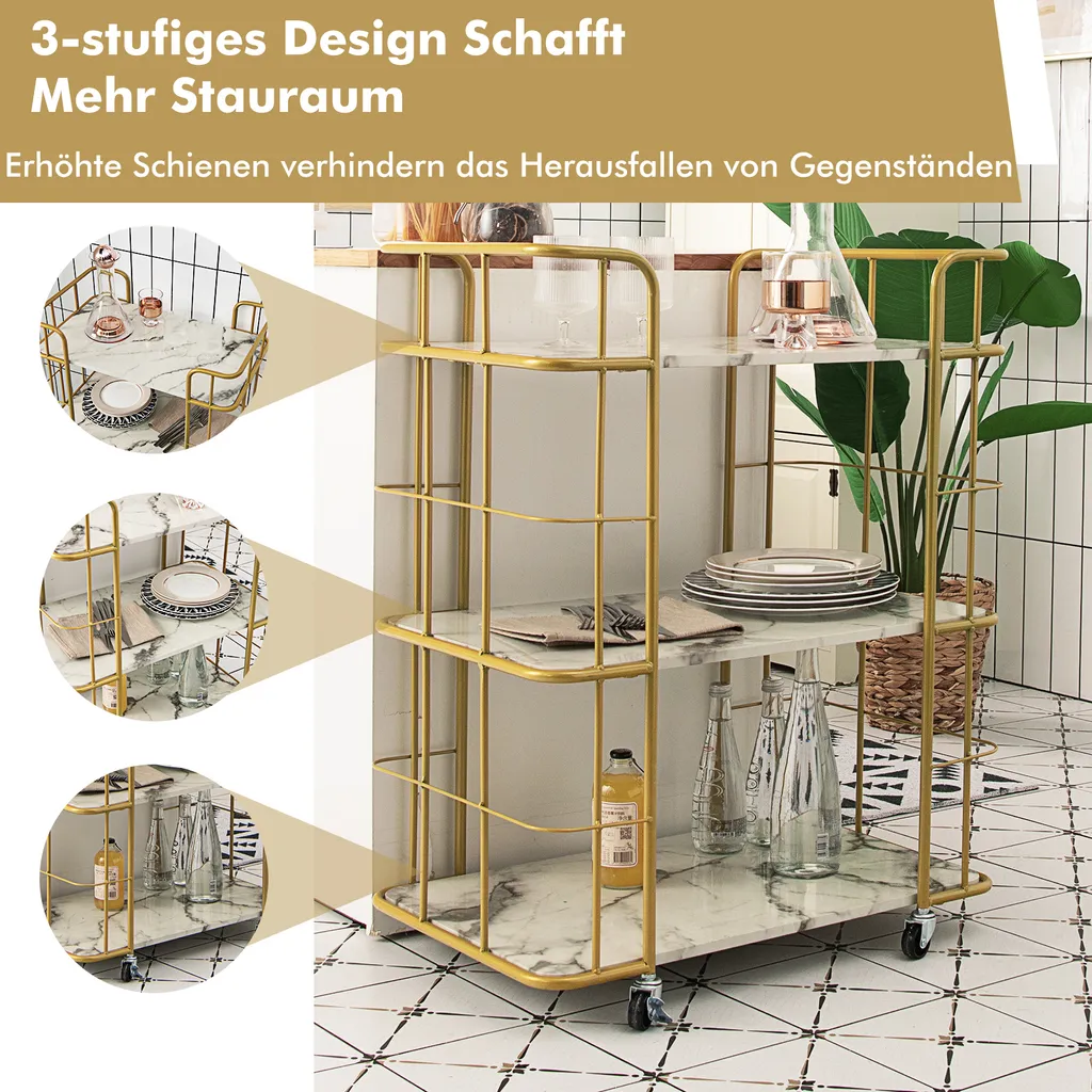 COSTWAY Küchenwagen Mit Universalrädern, Servierwagen 3 Ablagen, Marmor-Optik Barwagen Modern, Mobiler Rollwagen, Haushaltswagen Metallrahmen, Mehrzweckwagen Für Haus, Restaurant, Allzweckwagen Golden 5 COSTWAY Küchenwagen Mit Universalrädern, Servierwagen 3 Ablagen, Marmor-Optik Barwagen Modern, Mobiler Rollwagen, Haushaltswagen Metallrahmen, Mehrzweckwagen Für Haus, Restaurant, Allzweckwagen Golden – Bild 3