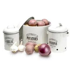 Klarstein Granrosi Georgia Vorratsbehälter Vorratstopf 3er-Set , Knoblauchtopf, Zwiebeltopf, Kartoffeltopf , Emaille-Stahlblech , Rostfrei , Lüftungsöffnungen , Vintage-Design , Creme -Mepalhom Geschaft ea94663ccc2f86035e782b9c1b22bf57