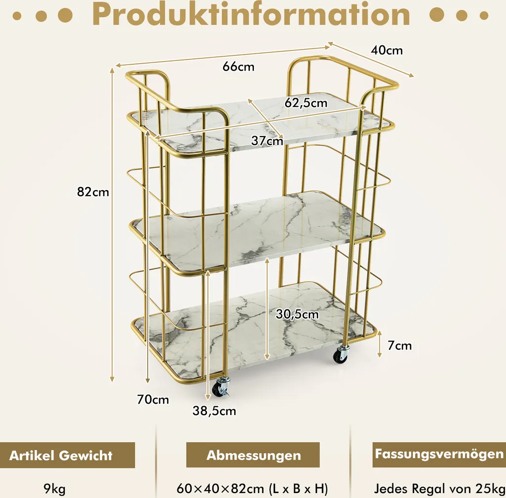 COSTWAY Küchenwagen Mit Universalrädern, Servierwagen 3 Ablagen, Marmor-Optik Barwagen Modern, Mobiler Rollwagen, Haushaltswagen Metallrahmen, Mehrzweckwagen Für Haus, Restaurant, Allzweckwagen Golden 8 COSTWAY Küchenwagen Mit Universalrädern, Servierwagen 3 Ablagen, Marmor-Optik Barwagen Modern, Mobiler Rollwagen, Haushaltswagen Metallrahmen, Mehrzweckwagen Für Haus, Restaurant, Allzweckwagen Golden – Bild 6